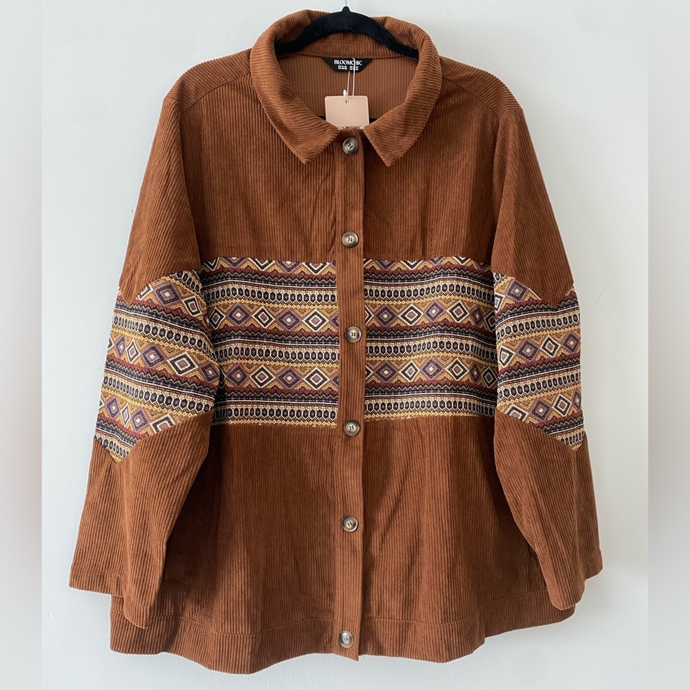 Bloomchic women's corduroy button-down shacket jacket Boho Brown Plus Size 18-20